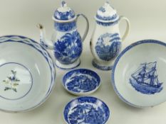 ASSORTED 19TH CENTURY BLUE & WHITE PEARLWARE, comprising Cambrian Palm Chinoiserie pattern