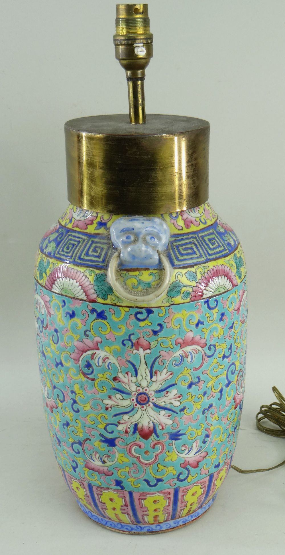 CHINESE FAMILLE ROSE PORCELAIN VASE, 19th/20th Century, mounted for electricity, the brass capped - Image 3 of 3