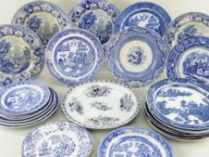 ASSORTED 19TH CENTURY WELSH & OTHER BLUE & WHITE PRINTED POTTERY PLATES, patterns including