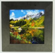 DAVID GROSVENOR oil on canvas - Eryri lake scene in snow under blue skies, entitled 'Cwmorthin, Ff