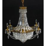 19TH CENTURY STYLE SIX-LIGHT TENT & BAG CUT GLASS CHANDELIER, 70cms high x 70cms diameter, some