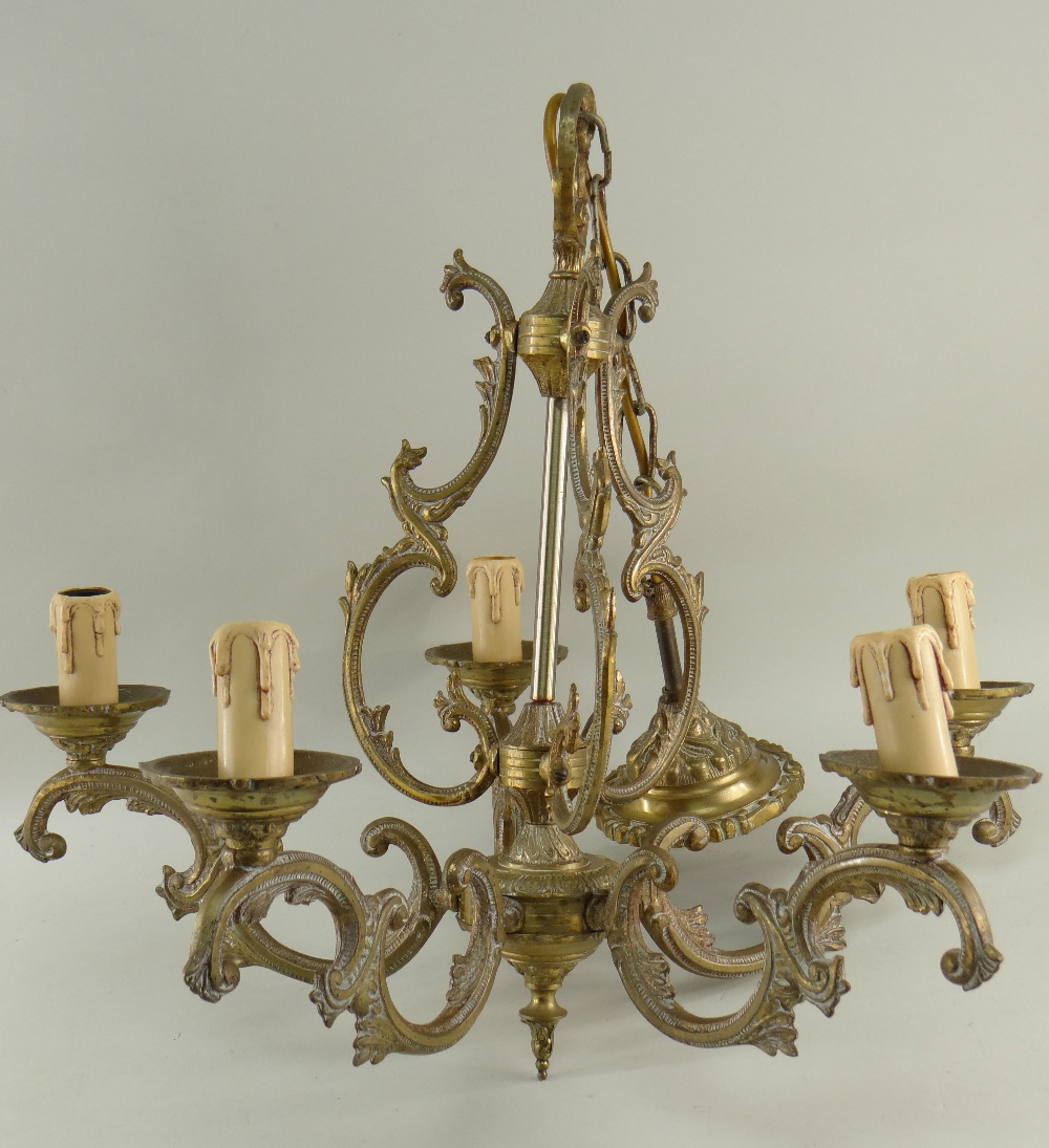 ASSORTED GILT METAL LIGHTING, including a three-light hall lantern, 44cms high, French style five- - Image 3 of 10