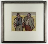 MIKE JONES mixed media - two figures, entitled verso 'Men in Landscape', signed, 20 x 25cms Comm