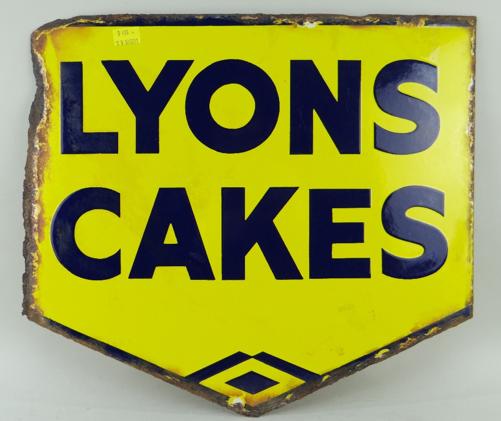 VINTAGE ENAMEL DOUBLE-SIDED SHOP SIGN - Lyons Cakes, c.1910-1920, yellow ground & blue lettering, - Image 2 of 2
