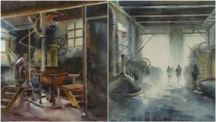 ASHISH * (Indian, 20th Century) watercolours - Workers leaving a factory, and a companion, one