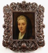 19TH CENTURY SCHOOL oil on canvas - portrait of a lady in black cowl or hood, 35 x 28.5cms, in