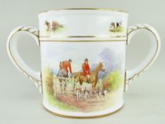 LARGE ROYAL CROWN DERBY BONE CHINA LOVING CUP, decorated with hunting scenes below vignettes of