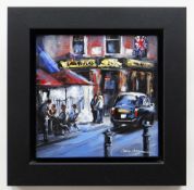 CSILLA ORBAN oil on canvas - Lamb & Flag, street scene with pub goers, signed, with DeMontfort