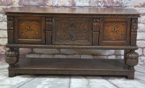 ELIZABETHAN-STYLE OAK MARQUETRY & CARVED BUFFET, rectangular moulded top above marquetry inlaid
