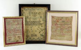 THREE ANTIQUE NEEDLEWORK SAMPLERS, comprising George IV sample by Mary Clay, Aged 10, 1822,