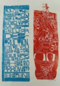 PAUL PETER PIECH (1920-1996) two colour linocut - Einstein World War Four quote, signed and dated