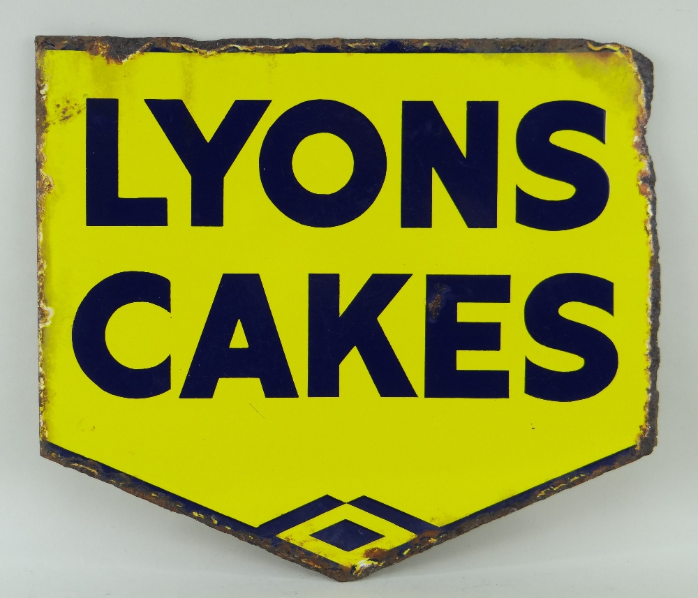 VINTAGE ENAMEL DOUBLE-SIDED SHOP SIGN - Lyons Cakes, c.1910-1920, yellow ground & blue lettering,