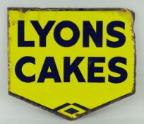 VINTAGE ENAMEL DOUBLE-SIDED SHOP SIGN - Lyons Cakes, c.1910-1920, yellow ground & blue lettering,