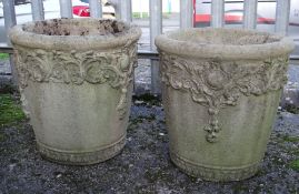 PAIR RECONSTITUTED STONE GARDEN PLANTERS, each with Rococo decoration, 49cms high (2) Provenance: