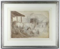 MANNER OF EDWARD DUNCAN pencil and wash - study of three horned cattle in a farmyard amongst