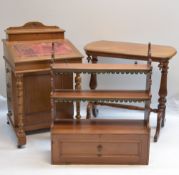 VICTORIAN WALNUT OCCASIONAL TABLE, a Davenport desk, and hanging shelves, table with baluster turned