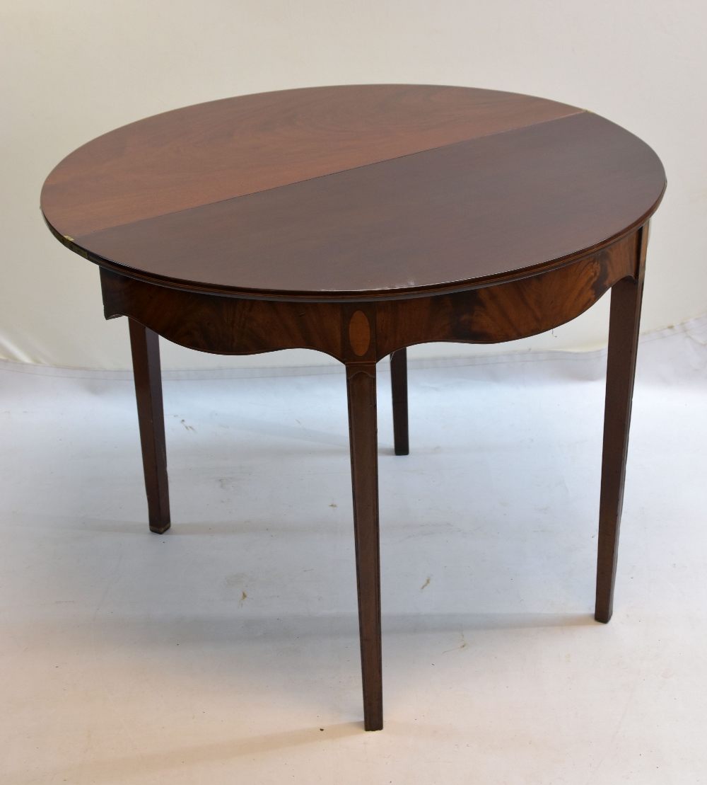 19TH CENTURY MAHOGANY D-SHAPED TEA TABLE, lined inlaid moulded edge above shaped frieze, tapering - Image 2 of 2