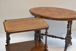 TWO VICTORIAN WALNUT TABLES, comprising a Burr-walnut two tier etagere with rail-back and baluster