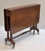 GOOD VICTORIAN MAHOGANY SUTHERLAND TABLE, a rounded drop-flap top above baluster turned uprights,