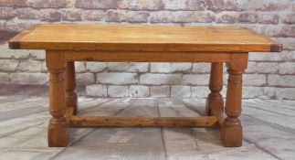 VINTAGE PITCH PINE REFECTORY TABLE, plank top with cleated ends, turned legs joined by H-