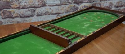 ANTIQUE MAHOGANY BAGATELLE TABLE fitted with green baize numbered pockets and gate, 228w x 53cms
