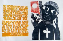 PAUL PETER PIECH (1920-1996) three-colour linocut - Ode to Jack Davis, signed and dated 1988 in