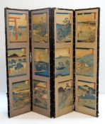 VINTAGE FOUR-LEAF SCREEN, applied with Japanese woodblock prints mostly of Hiroshige's Tokaido