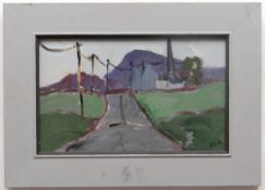 RACHEL GRAINGER HUNT acrylic on board - Village, telegraph pole lined road with mountains in the