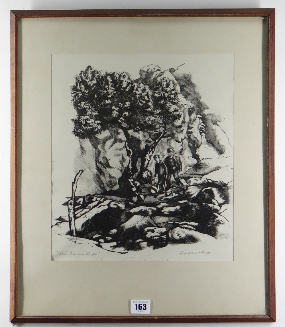 JOHN ROBERTS lithograph - two figures, titled in margin 'Olive Tree and Rocks', signed and dated - Image 2 of 2
