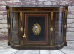 LATE VICTORIAN EBONISED MARQUETRY, PORCELAIN & ORMOLU MOUNTED CREDENZA, bow front