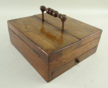 EARLY 19TH CENTURY ROSEWOOD DESK BOX, bobbin turned handle, top flaps opening to reveal inkwells,