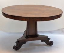 WILLIAM IV ROSEWOOD BREAKFAST TABLE, circular top above triangular section column with pilaster