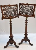 GOOD MATCHED PAIR OF VICTORIAN ROSEWOOD MUSIC STANDS, c. 1860, pierced fretwork angled rests, gilt