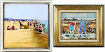 * BROOK (20th Century) oil on canvas - holiday at the beach, signed, 30 x 30cms; and another of