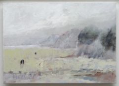 ALASTAIR EIKES JONES oil on canvas - Gower coastal scene with figures, titled verso 'Misty Morning,
