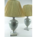 PAIR MODERN CELADON GLAZED TABLE LAMPS, with pleated silk shades, 38cms high (excluding shades) (2)