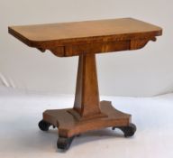 WILLIAM IV BURR ELM FOLDER-OVER CARD TABLE with scrolled frieze, chamfered tapering square section