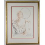 ANDREW VICARI red and grey pencil - three quarter portrait of female, semi-clad in floral drape,