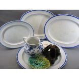 STAFFORDSHIRE MEAT PLATTERS (4) LARGE EXAMPLES, a pair 56cms L and one 59cms L, a Blue & White