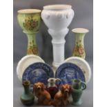 FLAXMAN WARE POTTERY JUG, 19cms tall, another similar, a pair of Staffordshire dogs, jardinieres and