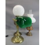 LIGHTING - reproduction desk lamp with green shade and two old oil lamps