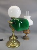 LIGHTING - reproduction desk lamp with green shade and two old oil lamps