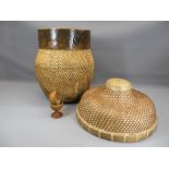 CHINESE WICKER ITEMS - basket, 38cms tall, 35cms diameter and a hat, 34cms diameter. Also, an