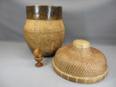 CHINESE WICKER ITEMS - basket, 38cms tall, 35cms diameter and a hat, 34cms diameter. Also, an