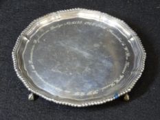 SILVER MASONIC PRESENTATION CALLING CARD TRAY - London 1964, maker Wakely & Wheeler, 12.5ozt,