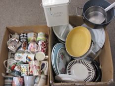 POTTERY TABLE & KITCHENWARE, colourful decorative mugs and a tin laundry powder box (within 2