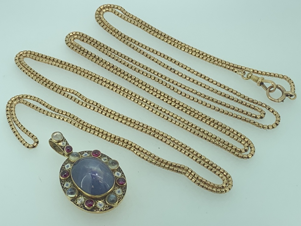 ELIZABETHAN STYLE LOCKET and a 9ct gold muff chain, the locket reportedly fashioned by Liberty,