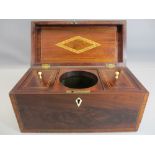 EARLY 19TH CENTURY MAHOGANY CROSSBANDED TEA CADDY with fitted interior and inlay to lid