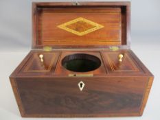 EARLY 19TH CENTURY MAHOGANY CROSSBANDED TEA CADDY with fitted interior and inlay to lid