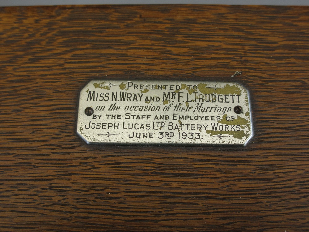 ART DECO CLOCKS - an excellent crossbanded mantel clock on bracket feet, bearing plaque 'Presented - Image 3 of 4
